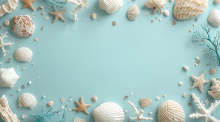 Summer beach flat lay background with seashells and coral fragments arranged on a soft pastel blue surface for coastal vacation themes © Tnbee