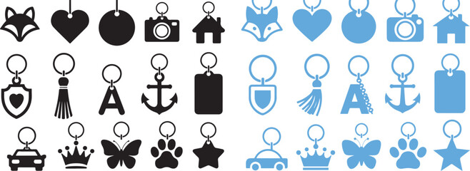 Collection of black and blue silhouette keychain charms with animals hearts houses cameras anchors and more © MOHAMMADTORIQUL