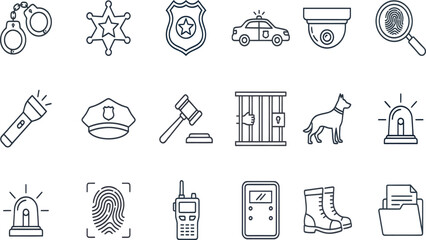 Collection Of Law Enforcement Icons In Linear Style On A White Background Representing Justice And Security badge ballistic blueprint boot briefcase © DESIGN SHOP
