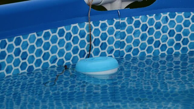 A blue pool chemical floater tethered to the side of a backyard swimming pool bobs on the water's surface.