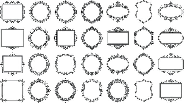 Collection of ornate vector frames and flourishes on a white background featuring various geometric shapes illustration frame decorative border flourish scrollwork