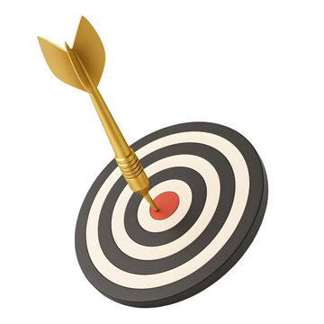 Golden arrow aim to dartboard target or goal of success isolated on white background with complete achievement concept. 3D rendering