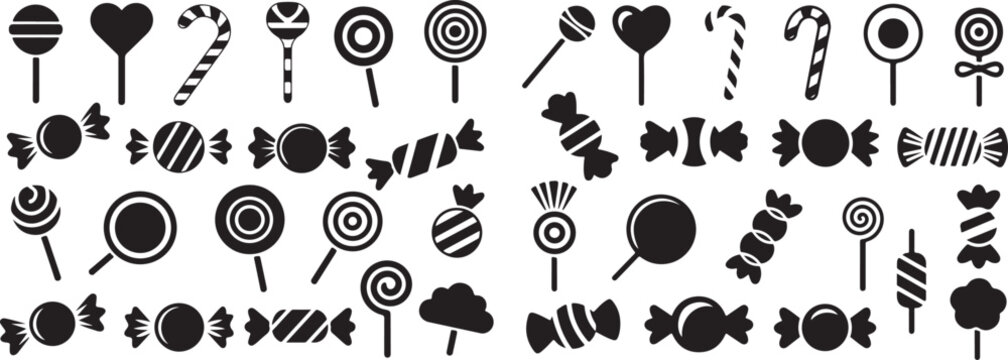 Collection of black and white candy cane and lollipop on a white background