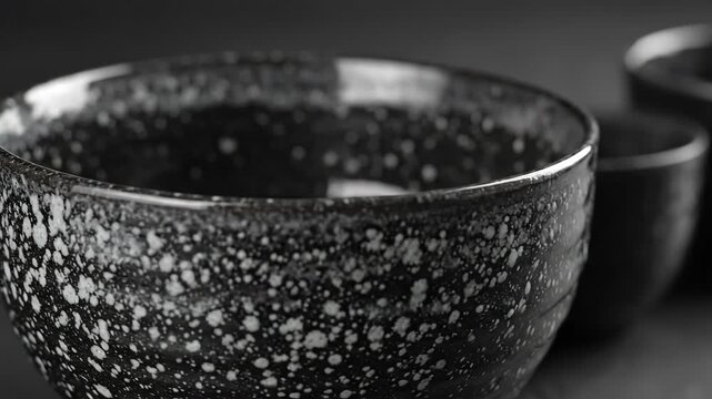 Close-up of Black Speckled Ceramic Bowls in a Row.