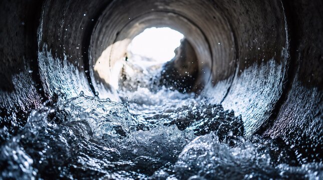 Clear clean water flowing out of a dark concrete underground drainage pipe circular perspective view inside a tunnel drainage concrete underground infrastructure