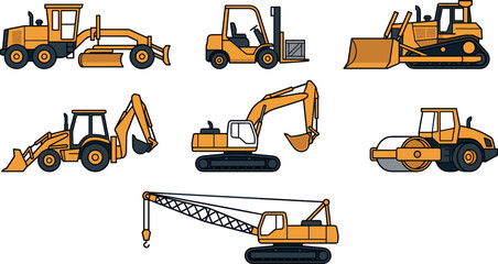 Heavy Construction Machinery Equipment Yellow Vector Icon Set with Excavator Bulldozer Crane Forklift and Road Roller Icons for Industrial Engineering Website Designs © BijoyChandra