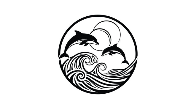 Elegant black and white circular logo featuring two graceful dolphins jumping over stylized waves with a moon, symbolizing marine harmony.