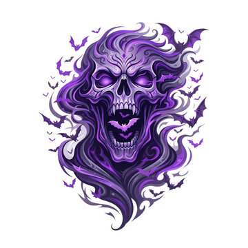 Dark fantasy creature with glowing purple eyes and fiery hair in a mystical setting