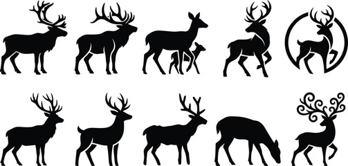 Wild deer and majestic stag black silhouette vector icon collection featuring forest bucks with antlers reindeer doe fawn and grazing wilderness designs  © MstMonjila