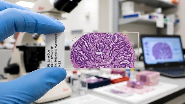 Histological endometrial biopsy slide stained with h&e, showing characteristic features of endometrial hyperplasia with crowded glands of varying sizes, medical pathology imagery