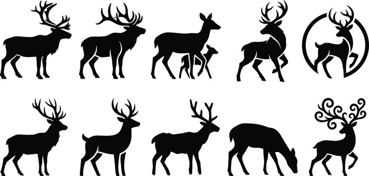 Wild deer and majestic stag black silhouette vector icon collection featuring forest bucks with antlers reindeer doe fawn and grazing wilderness designs
