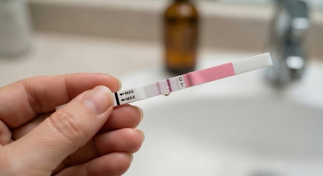 Hand holding an ovulation predictor kit displaying a positive test result, capturing fertility monitoring, natural family planning, and reproductive health awareness for lifestyle stock images