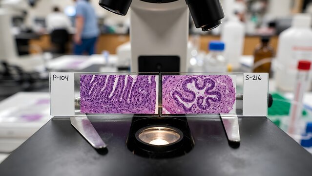 Two microscope slides side by side: one displaying proliferative-phase endometrium with active glands and mitoses, and one showing secretory-phase endometrium with coiled glands and decidual reaction