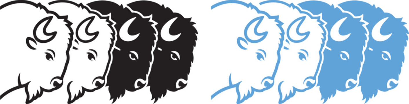 Stylized of multiple bison heads in profile facing left in black and blue