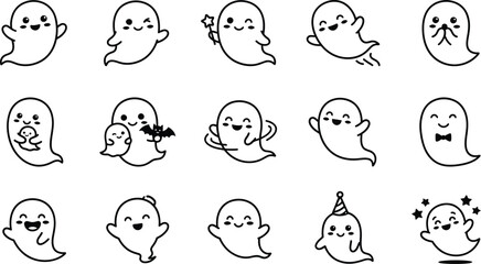 Fototapeta premium Cute ghost character line art collection for halloween and festive designs