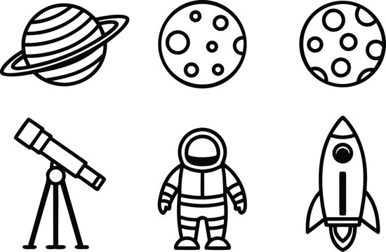Space and Astronomy Illustration Collection. Solar System Space Exploration Icons. Astronomy Objects Outline Illustration Pack. Space Science Celestial Elements. Cosmic Galaxy and Planet Collection.