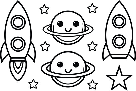 Space and Astronomy Illustration Collection. Solar System Space Exploration Icons. Astronomy Objects Outline Illustration Pack. Space Science Celestial Elements. Cosmic Galaxy and Planet Collection.
