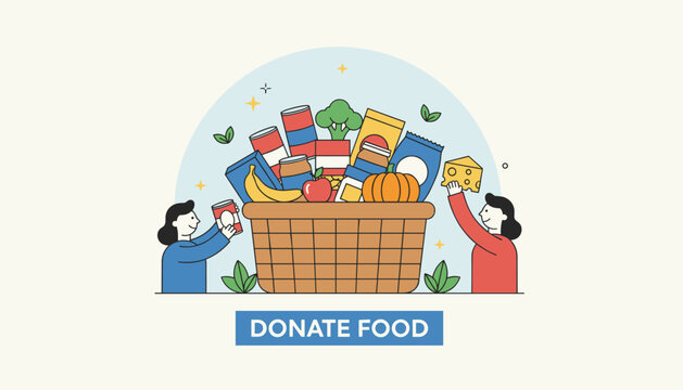 Generous community members donating fresh vegetables, fruits, and canned goods in a large wicker basket for food charity.