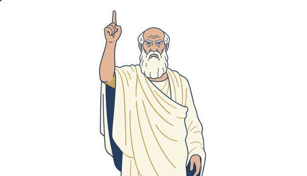 Classical Greek philosopher with a white beard and tunic raising his finger to explain an academic theory or concept.