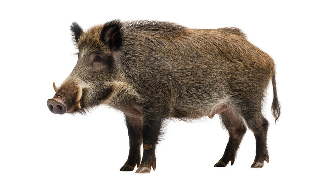 Wild boar with tusks and coarse fur standing