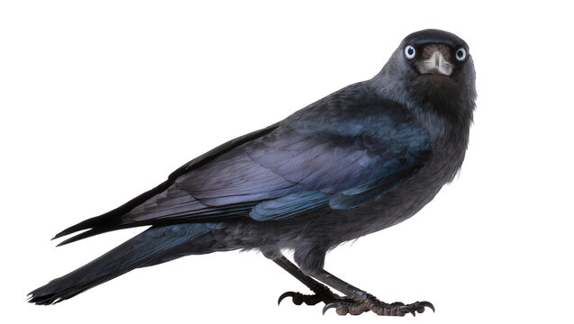 Dark grey jackdaw bird with blue iridescence on wings