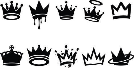Royal crowns and graffiti street art tiara black silhouette icon collection featuring dripping paint splatter halo ring and classic king or queen majestic symbols  © MstMonjila