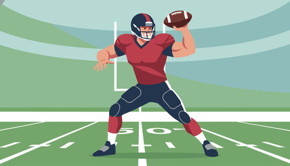 Fototapeta premium Professional american football quarterback in red and blue uniform preparing to throw the ball during an intense match.