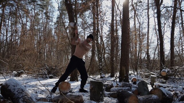 Shirtless young man chopping firewood in a sunny winter forest. Muscular guy working with axe in snowy woodland. Concept of strength, masculine, energy and harmony with nature during cold season