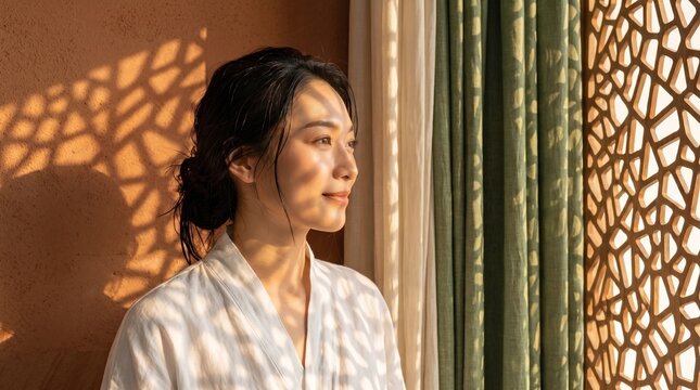 A serene Asian woman in a robe looks out a window, bathed in sunlight casting beautiful geometric shadow patterns.
