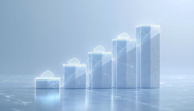 Floating geometric bar chart visualization representing futuristic data growth in a minimalist setting