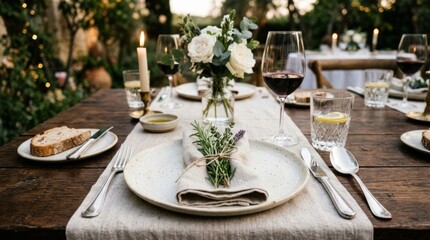 Fototapeta premium Elegant outdoor dining table set with wine glasses and floral centerpiece.