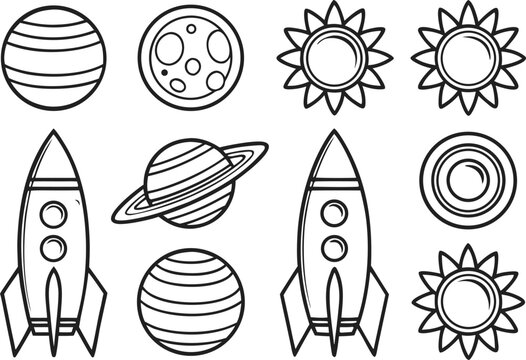 Space and Astronomy Illustration Collection. Solar System Space Exploration Icons. Astronomy Objects Outline Illustration Pack. Space Science Celestial Elements. Cosmic Galaxy and Planet Collection.