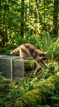 A wild raccoon jumps off a metal cage trap in a green forest. This represents humane wildlife relocation and freedom. Ideal for environmental protection and animal welfare content.