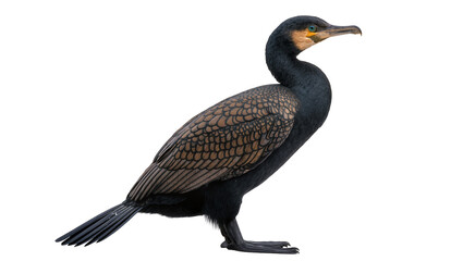 Obraz premium Black cormorant bird with brown patterned wings and blue eyes