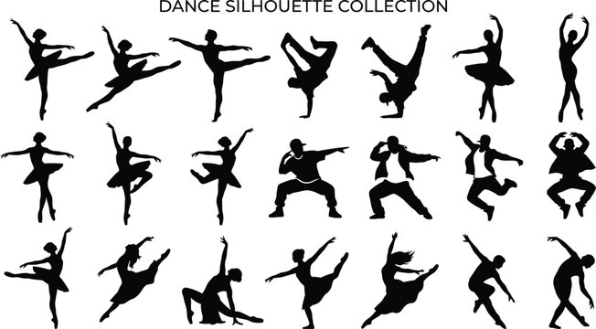 Professional dancing people silhouette collection featuring elegant ballet dancers dynamic hip hop and modern dance