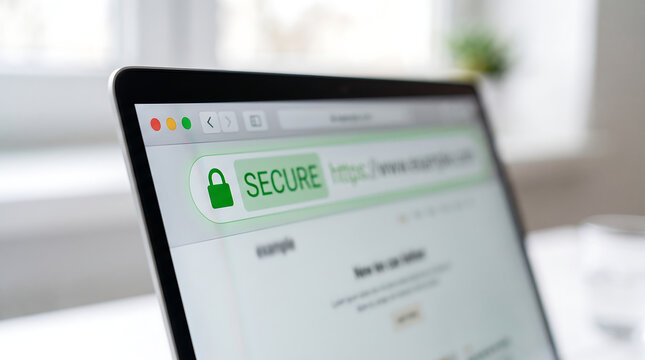 Macro close up of a laptop screen displaying a web browser with a green secure padlock icon and https address bar indicating safe internet browsing connection