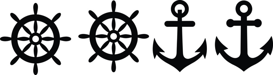Nautical vector icon set featuring black silhouettes of ship wheels and anchors isolated on white background  © NahidArts