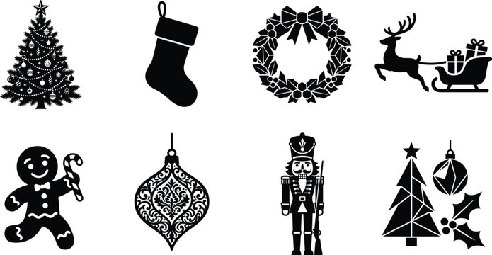 Black silhouette Christmas icons with tree, stocking, wreath, sleigh, gingerbread man, ornament, and nutcracker