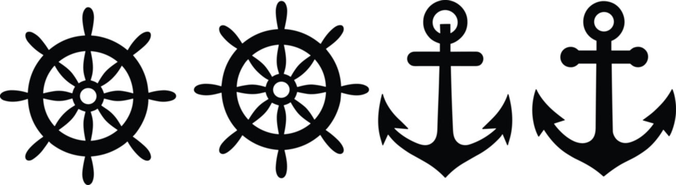 Nautical vector icon set featuring black silhouettes of ship wheels and anchors isolated on white background 