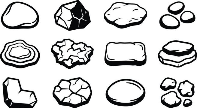 Natural rock and stone variations top view collection in graphic black and white textures for landscape design games