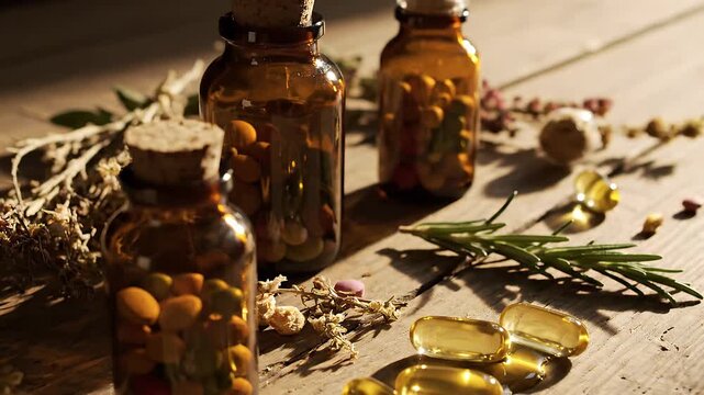Natural herbal remedies and dietary supplements in glass bottles on a wooden table.