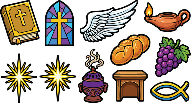 Christianity and biblical church symbols colorful cartoon vector illustration collection with holy bible stained glass window angel wing oil lamp bread grapes stars censer altar ichthys
