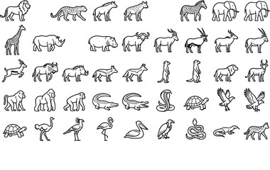 African safari animal vector line art icons set featuring lion elephant giraffe zebra and savannah wildlife © MDBIPLOB