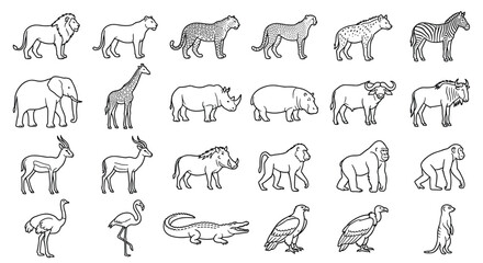 African safari wildlife animals line art vector bundle featuring lion elephant giraffe and cheetah icons isolated on white © MDBIPLOB