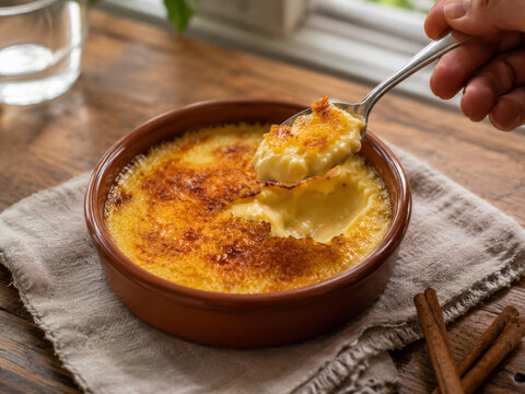 Deliciosa crema catalana en un plato sobre una mesa de madera luz natural