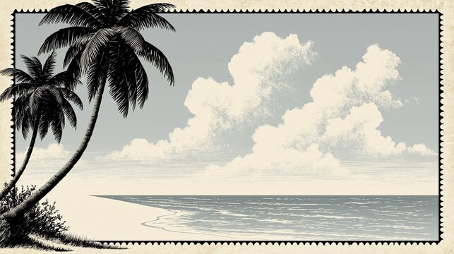 Vintage retro postage stamp design featuring palm trees on a tropical beach with large white clouds over the ocean