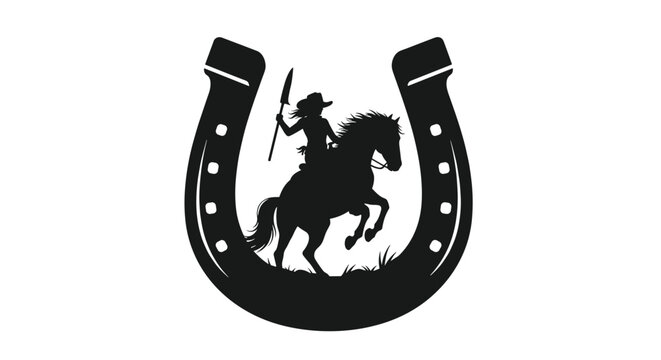 Bold silhouette of a Native American warrior woman with a spear on a rearing horse, powerfully framed within a classic Western horseshoe emblem.