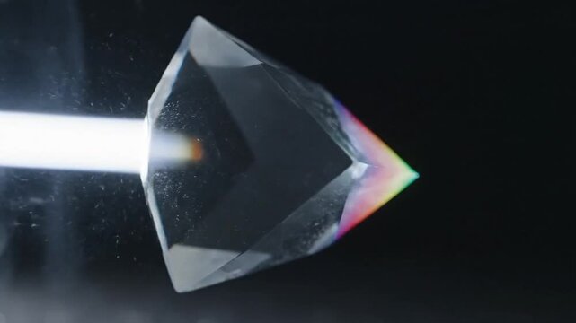 Crystal Prism Refracting White Light into a Vibrant Rainbow Spectrum of Colors Against a Dark Background