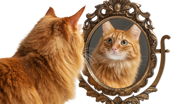 Orange tabby cat looking into ornate antique mirror