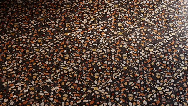 Terrazzo floor with small colorful stone tiles and gold grout lines